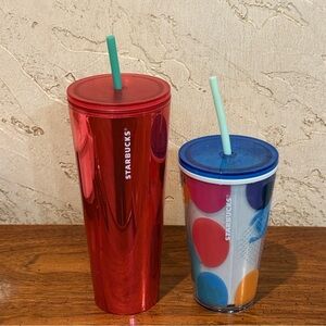 2 Starbucks Tumblers- 2022 Spring Easter Bunny Cup & Metallic Red Mirror Cup